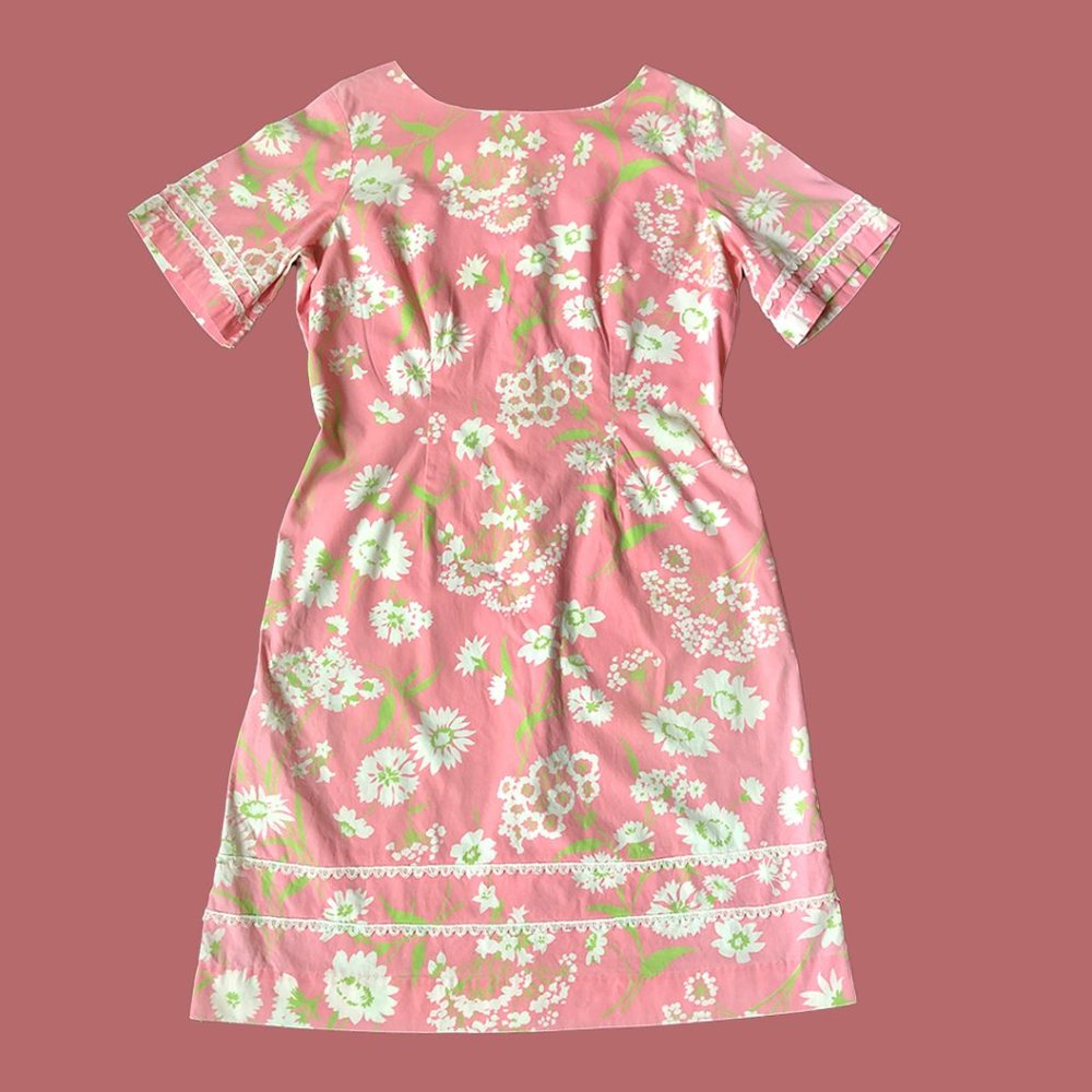 Vintage 60s Shaker Square Pink Floral Dress